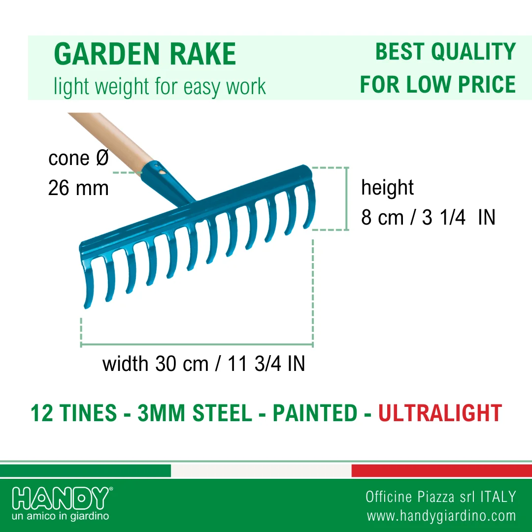 Italian Best Quality Ultralight Steel 12-Tine Rake with 120 cm Handle for Gardening Maintenance
