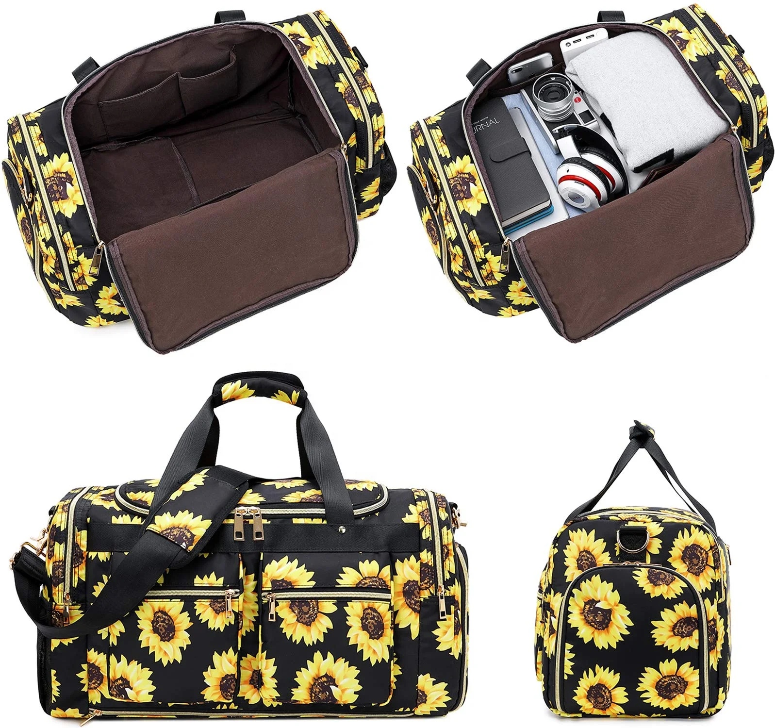 Weekender Overnight Duffel Bag Shoe Pocket for Women Men Weekend Travel Tote Carry On Bag (Sunflower Black) Travel Bag