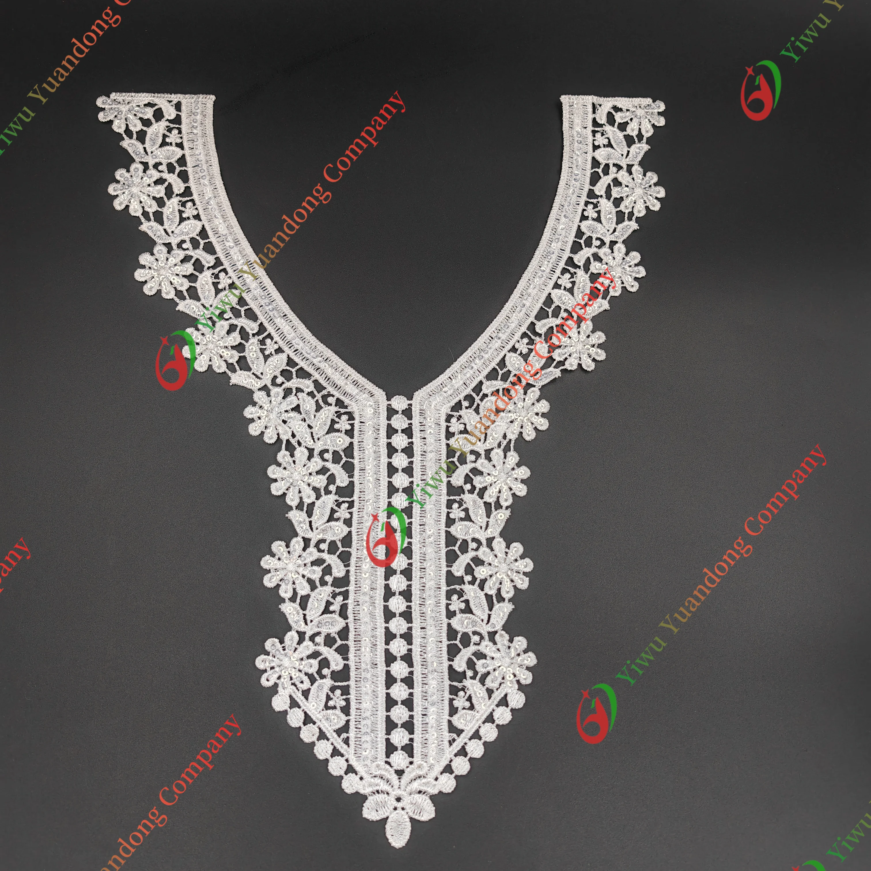 New Embroidered Polyester Chiffon Fabric Neckline Lace Trim with Flowers and Sequins for clothes