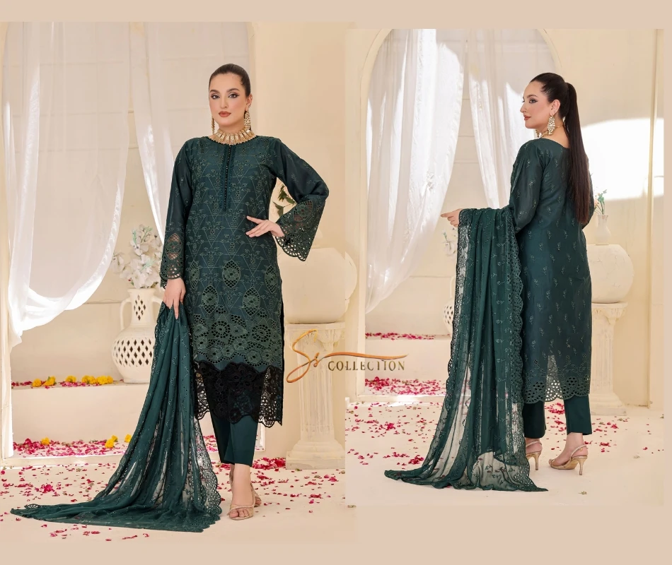 SSUMAIRA Lawn Premium Chicken Kari Front & Back Embroidered Lining Fabric With Bamber Chiffon Embroidered Dupatta by Bin Hameed