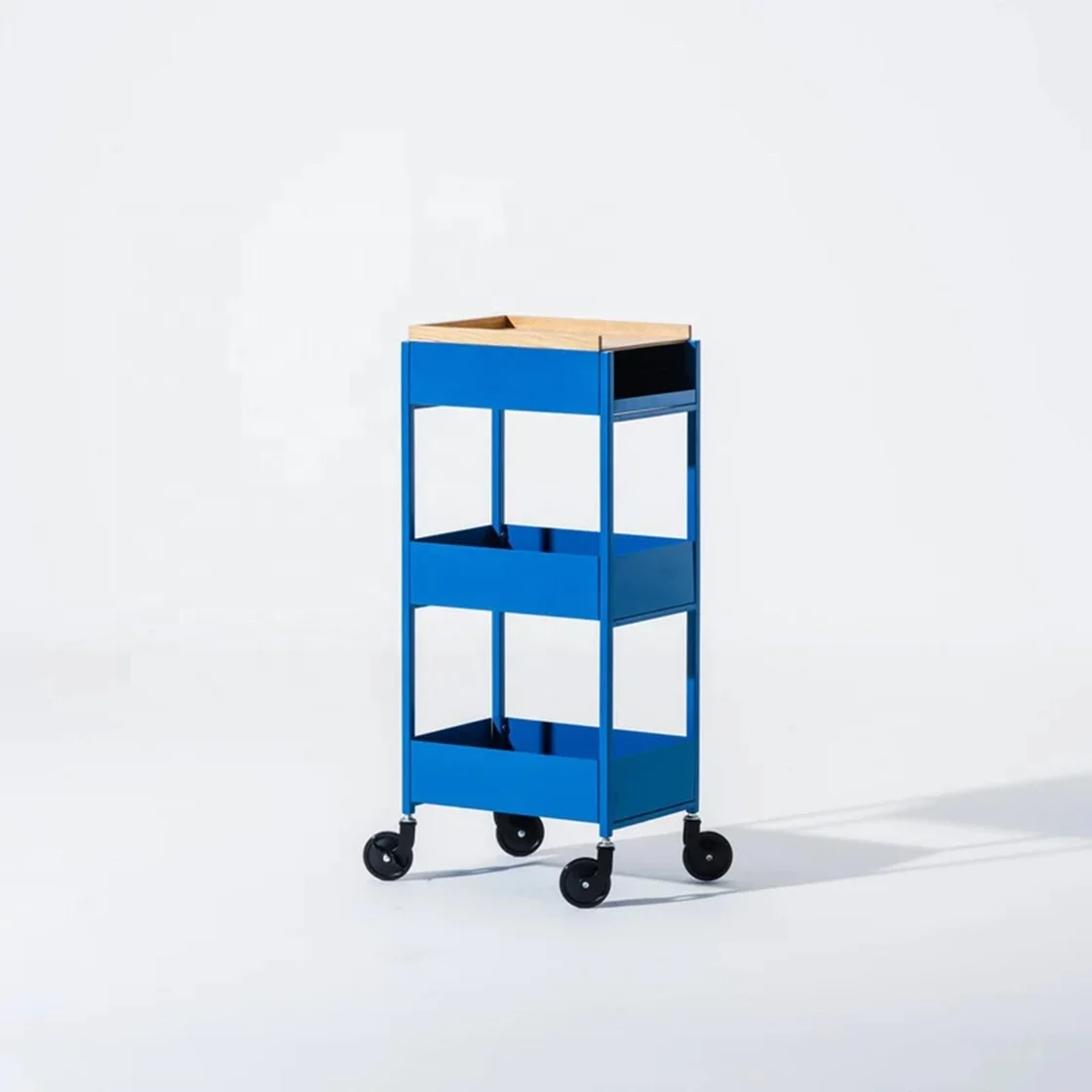 Blue Shade Trolley Serving Unique Uplifted 2 Level Bar Cart 2 Tiers with Wheels Wood Metal Serving Cart Manufacturer Wholesale