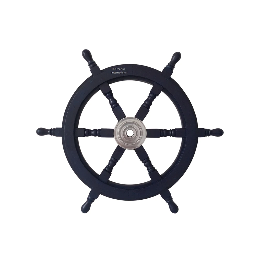 Nautical Handcrafted 12 Inch Wooden Ship Wheel Steering Wheel Pirate Brass Black Finishing with Six Wooden Spokes