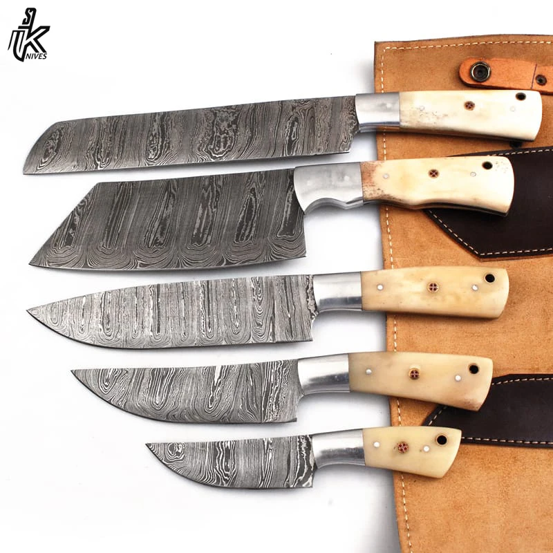 High Quality Custom Logo Kitchen Knife Set New Design Stainless Steel Chef Knife Damascus Metal Handle Wooden Block Cutting