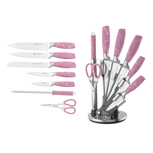 Fashion marble design hollow handle kitchen knife set in acrylic holder high quality chef knife sharpener shears extra sharp
