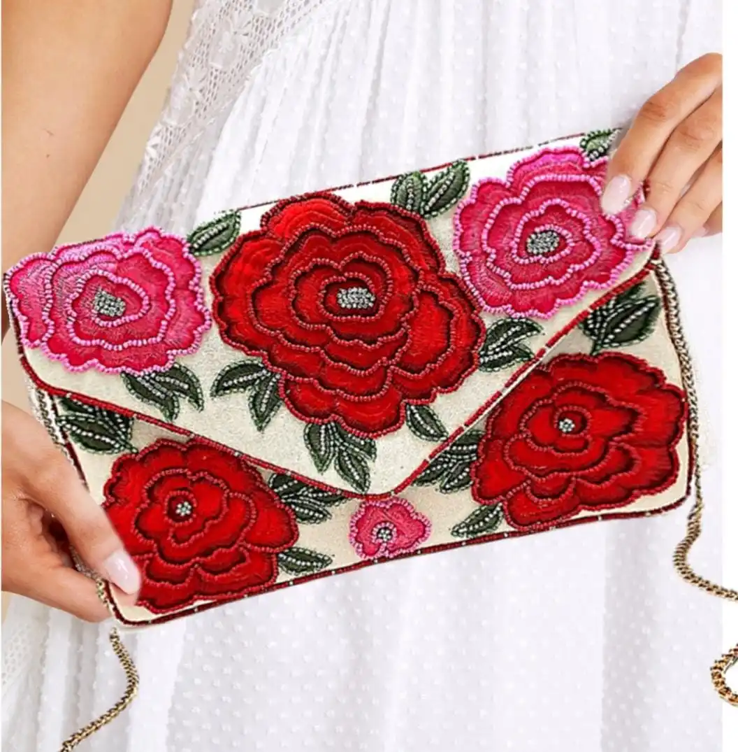 2024 Hot Sales Red Rose Pink Black Floral Seed Beaded Clutch Chain Crossbody Bag Boho Handbag