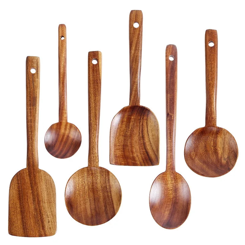 Natural Teak Wooden Cooking Set Kitchen Utensil Long Handle Restaurant Bamboo Spoon Acacina Wood Soup Spoons 2024