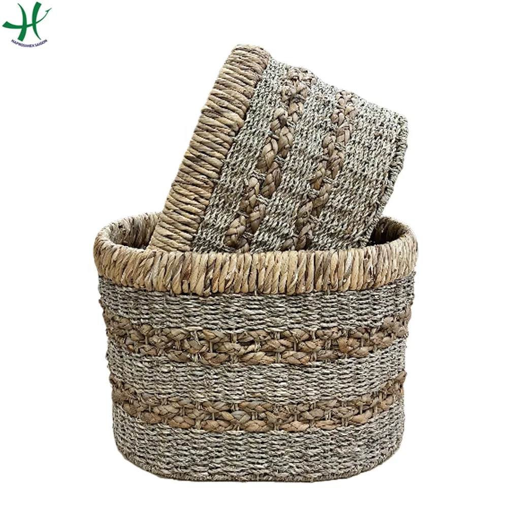2017 good quality willow storage basket/ water hyacinth storage baskets with jute handles set of 2