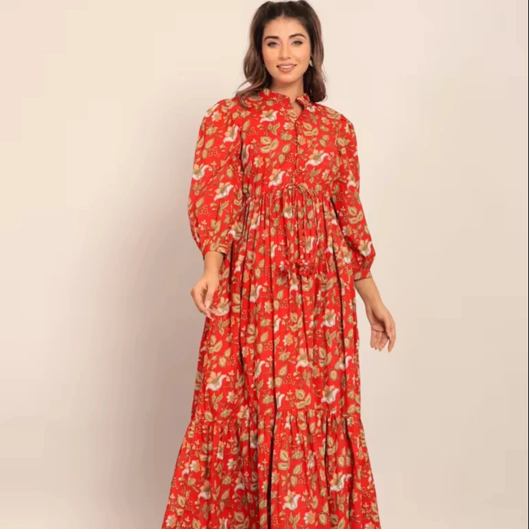 Floral Print CottonMulticolor Floral Printed Maxi Dress Floral Design Cotton Women Wearing Short one piece Dress At Wholesale