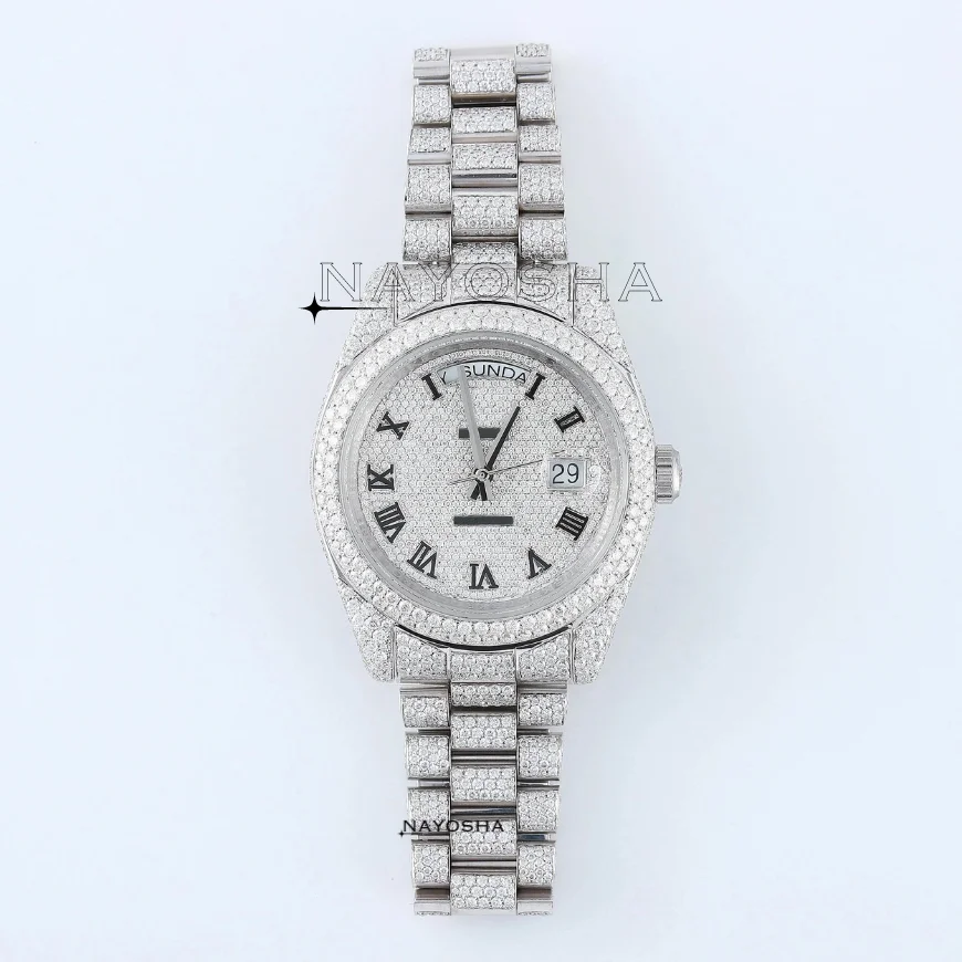 Custom Roman Letters Day Date Role Premium Quality Round Design Fully Iced Out White VVS Moissanite Diamond Watch For Men