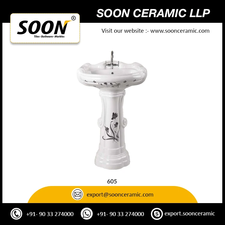 Indian Export Quality Fancy Style Ceramic Pedestal Wash Basin for Bathroom and Living Room Application