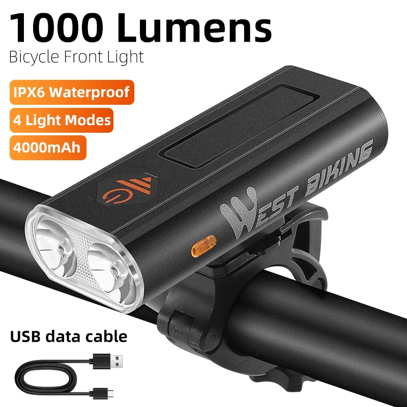 WEST BIKING New Highlight Bicycle Front Light Outdoor Mountain Road Bike Cycling 1000Lumen LED Headlight USB Rechargeable Light