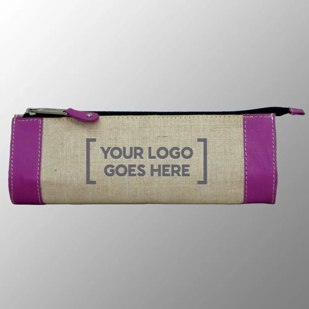 Custom Printed Jute Cotton Pencil Cases with Real Leather Trims custom printed with your artwork or logo