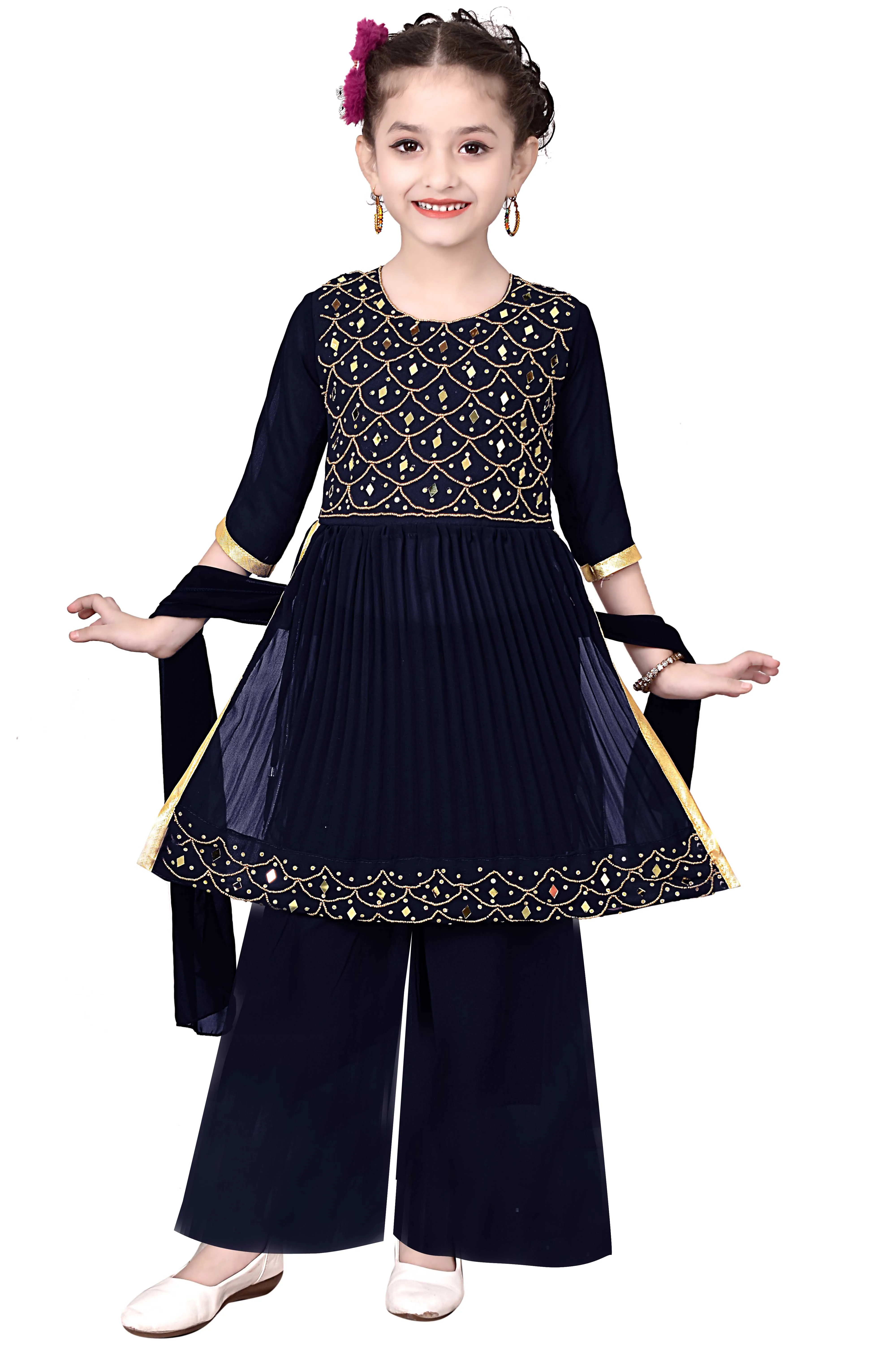 Best Quality Indian Traditional Georgette Naira Kurtis Palazzo Dupatta Set Girls 3-10Years Handmade Party Occasions High Demand
