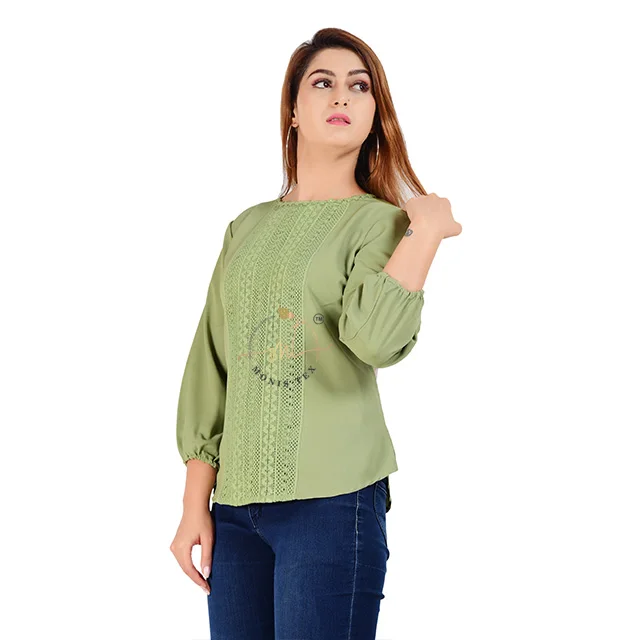 Casual Summer Women Top Boat Neck Peasant Sleeves lace Work Top Summer Cool Poly Viscose Green Color Azo Free