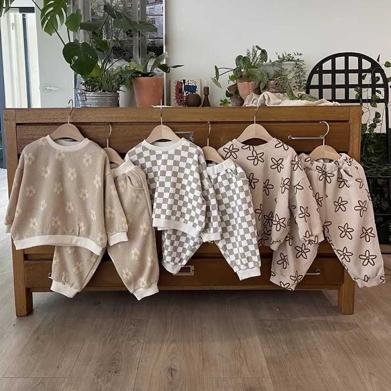 Flowers Checker Prints Waffle Joggers Set Infant Toddler Baby Fall Clothes Cozy Suits