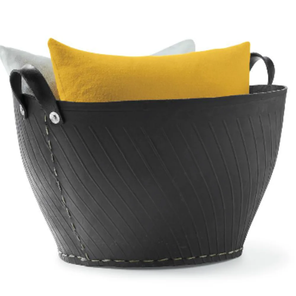 Handmade eco-friendly recycled rubber laundry basket wood logs shoes or blankets car tire basket wholesale from Vietnam