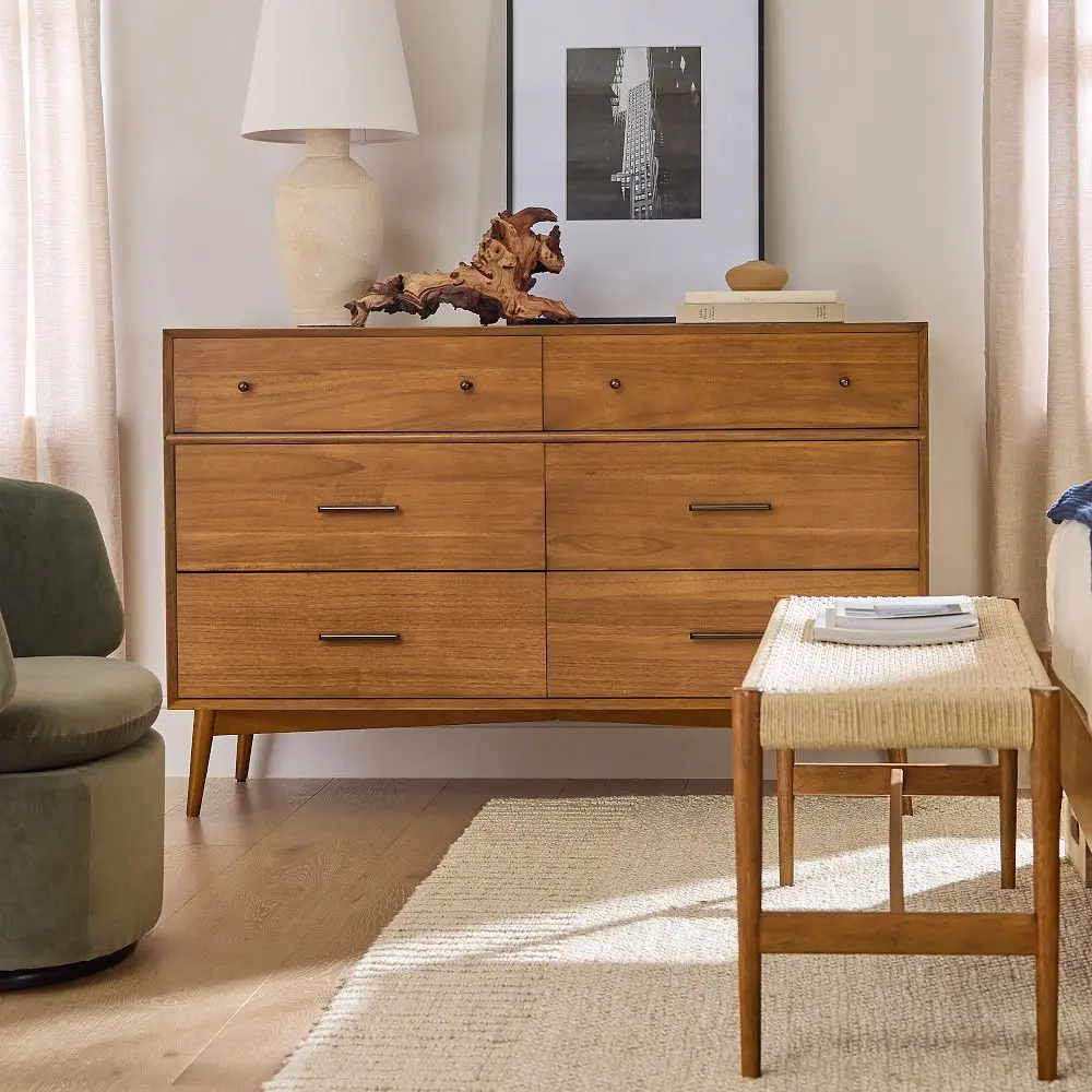 Mid Century Dresser 6 Drawers Wooden Material Natural Color and White Washed Bedroom Home Furniture