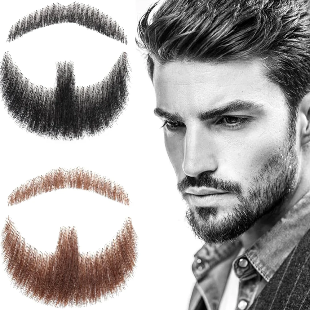 Fake Beard Realistic Mustache 100% Human Hair Full Hand Tied Facial Hair Brown False Beards Lace Invisible False Mustaches