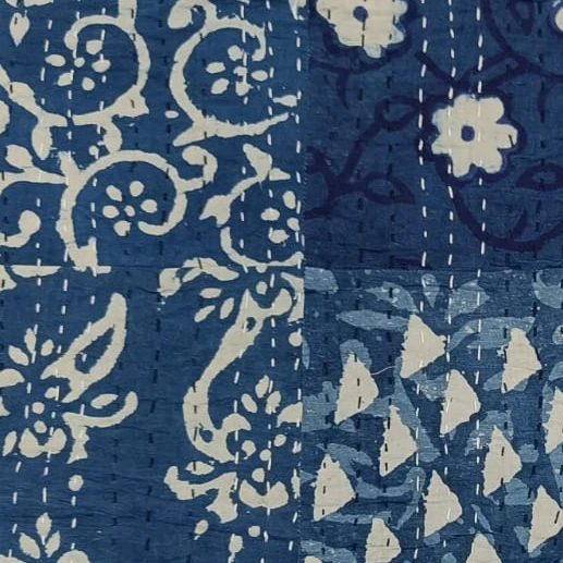 Indian Hand Block Kantha Bed Cover Gudari Indigo Patchwork Printed 100% Cotton