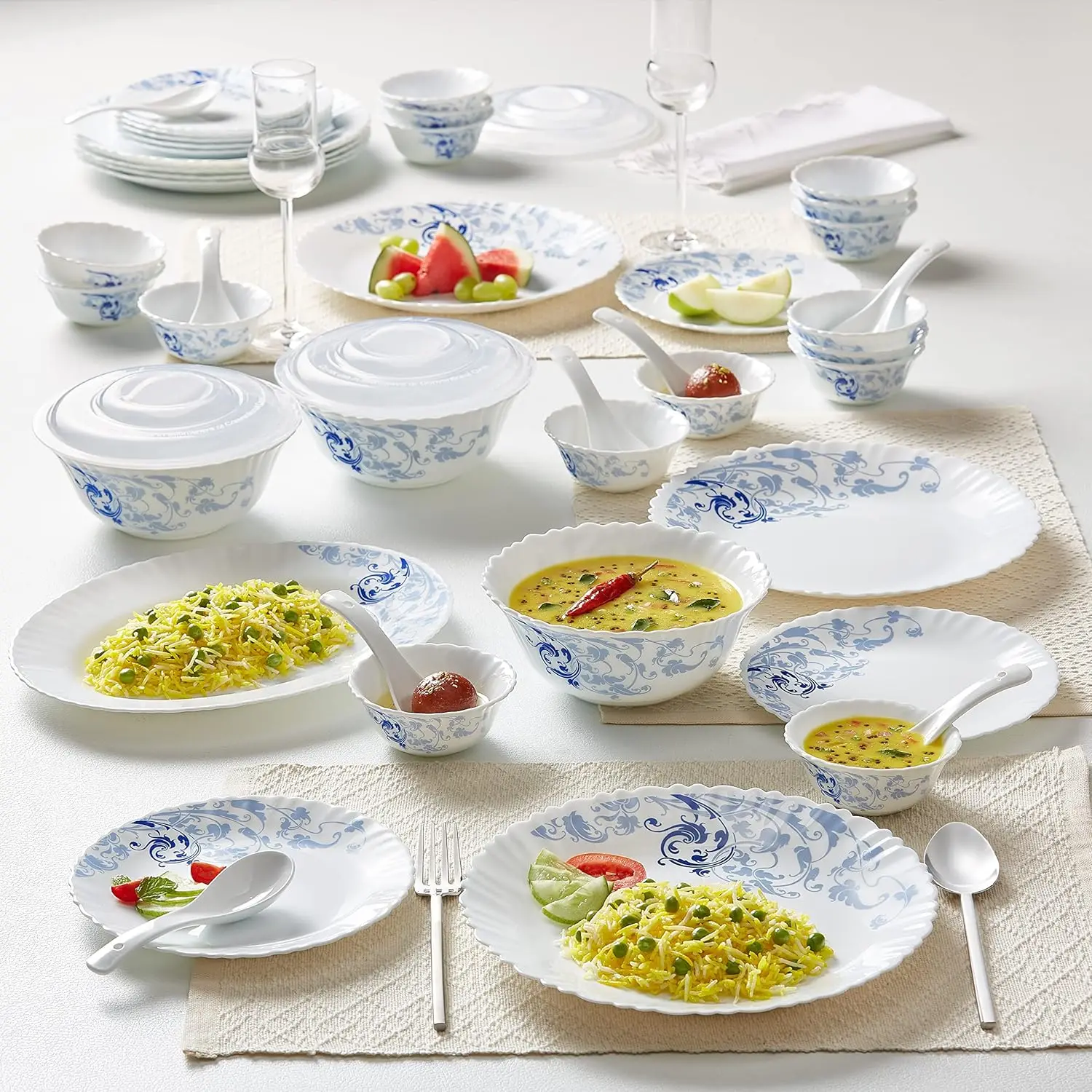 Festival Gift Lagoon Dinner Set Opal Glass Dinner Light Weight Daily Use Crockery Set for Dining White Plate and Bowl Set