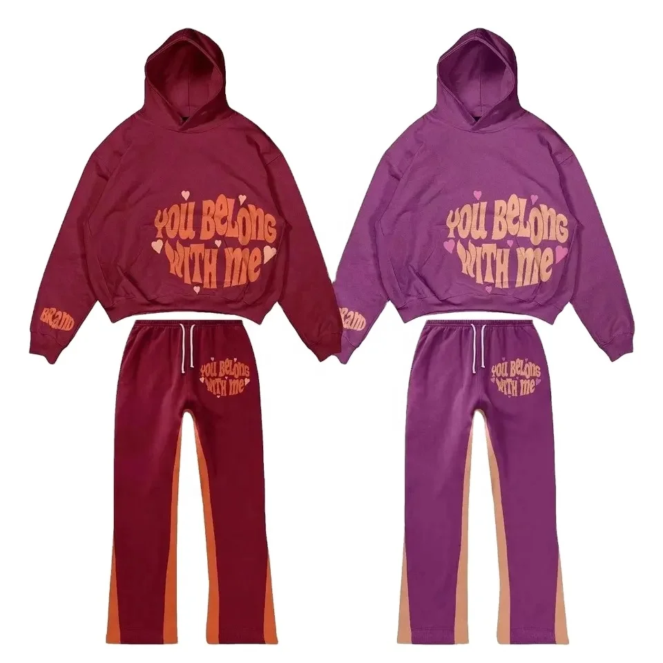 Two Piece Pants Sets Mens Tracksuit Fleece Embroidery or Foaming Print Custom Stacked Flared Sweatpants Fleece Wholesale