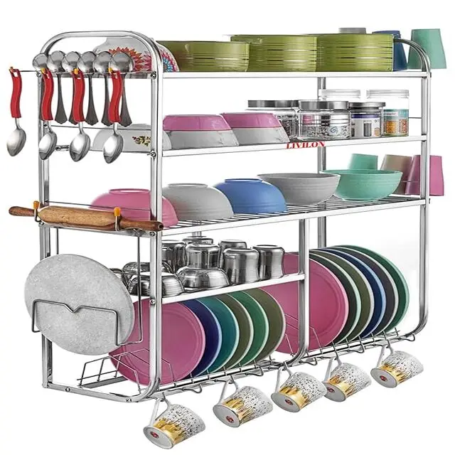 Wall Mount Kitchen 5 Shelf Utensils Dish Rack  Stainless Steel Utensil Rack/Stand  Dish Stand Holder Kitchen Organizer Utensils
