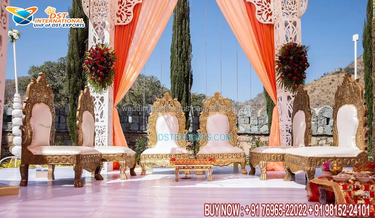 Bride Groom Seating Wedding Ceremony Vidhi Chairs New Design Wooden Wedding Mandap Chairs Designer Carved Marriage Mandap Chairs