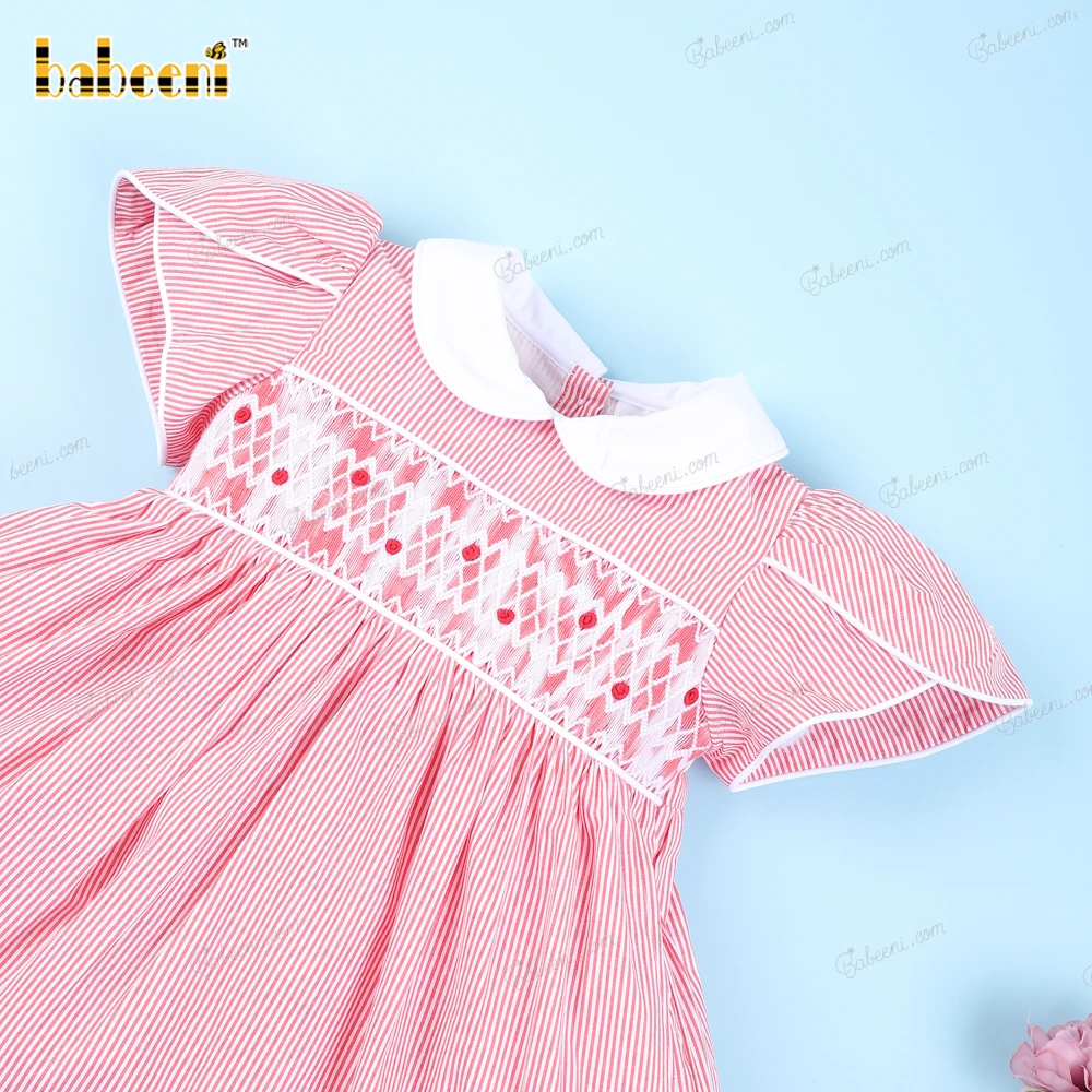 Red Striped Geometric Classy Dress for Little Girl OEM ODM Smock Dress Customized Embroidery Full 3D Children Pattern - BB3109