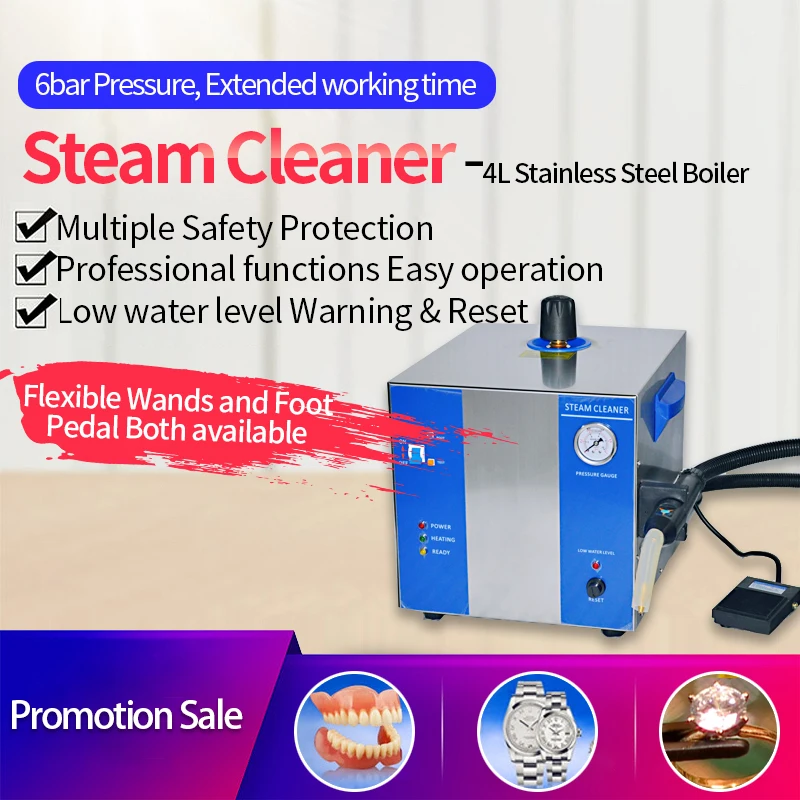 Flexible wand with fix stand as nozzle  plus foot pedal 5 bar steam pressure low water warning 2L boiler jewelry Steam cleaner