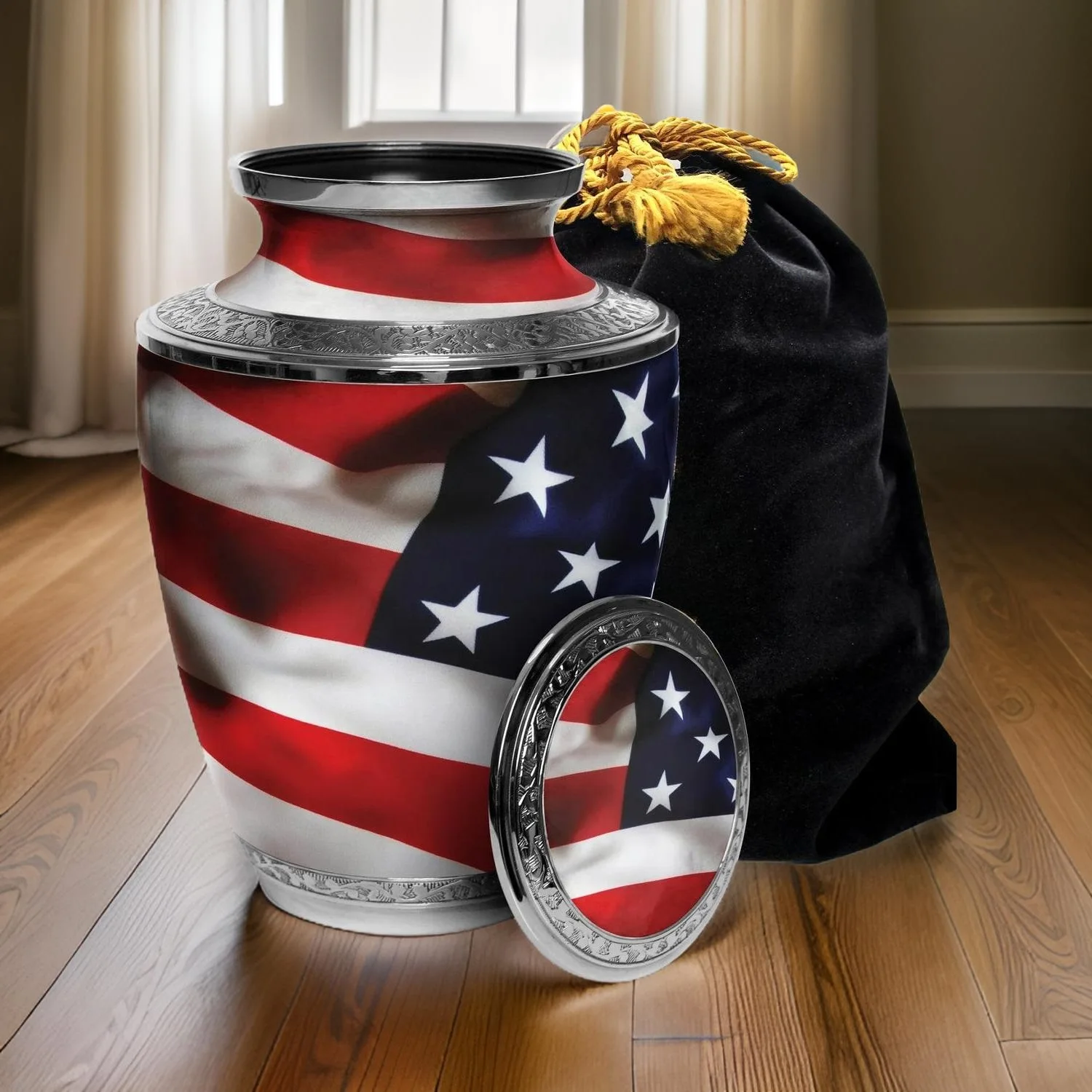 American Flag Cremation Urn Large Size Wholesale Price Solid Metal Handmade Modern Style Funeral Burial Military Urns & Keepsake