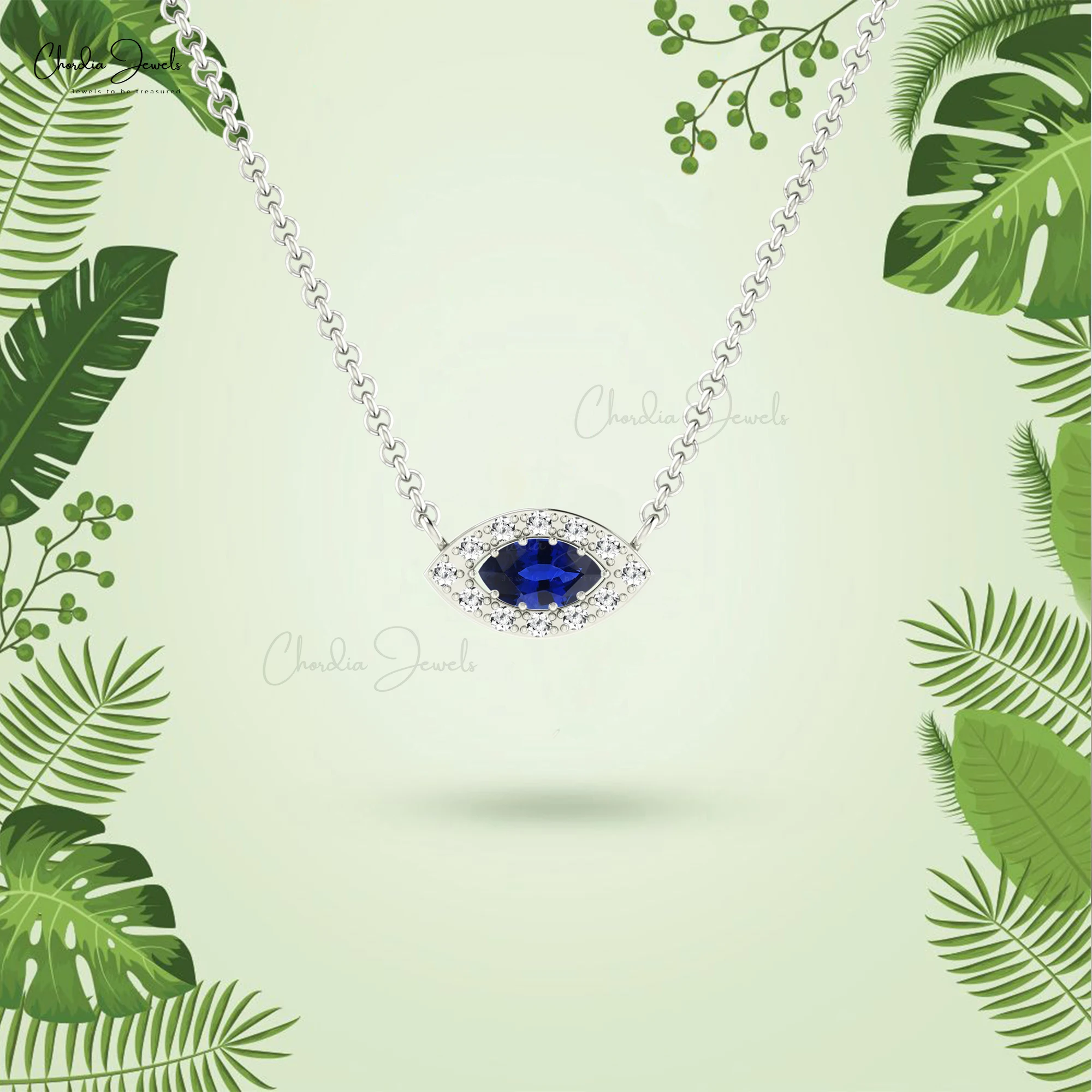 Genuine 0.20ct Blue Sapphire Gemstone & Pave Diamond Halo Chain Necklace 14k Real Gold Jewelry Free Shipping Items for Ladies