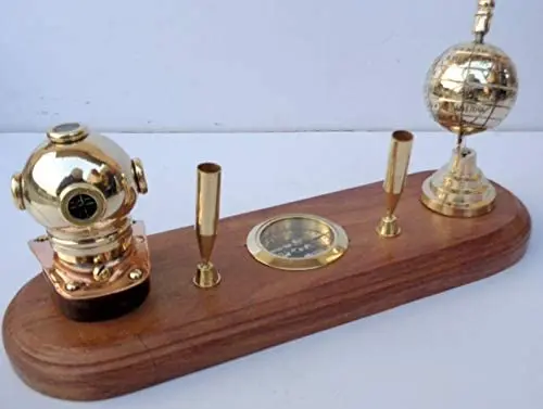 Antique Brass wooden Table Pen Holder With Compass And Arrow table decorative pen holders at low price