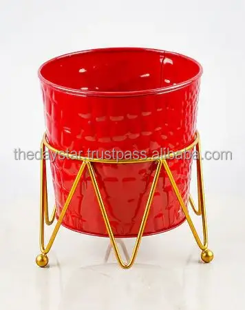 Customisable High Quality Metal Decorative Planter Pot Red And Gold Color With Stand For Indoor Or Outdoor Decor