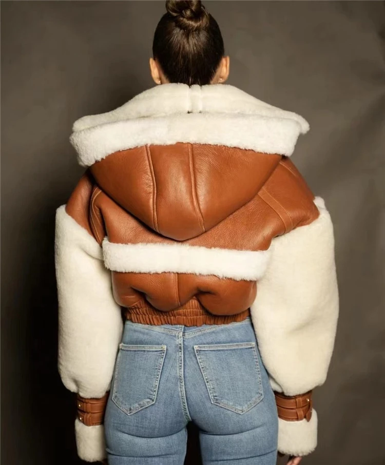 Thicken Faux Pu Leather Wool Fur Jacket Women Patchwork  Fashion Short Hooded Coat