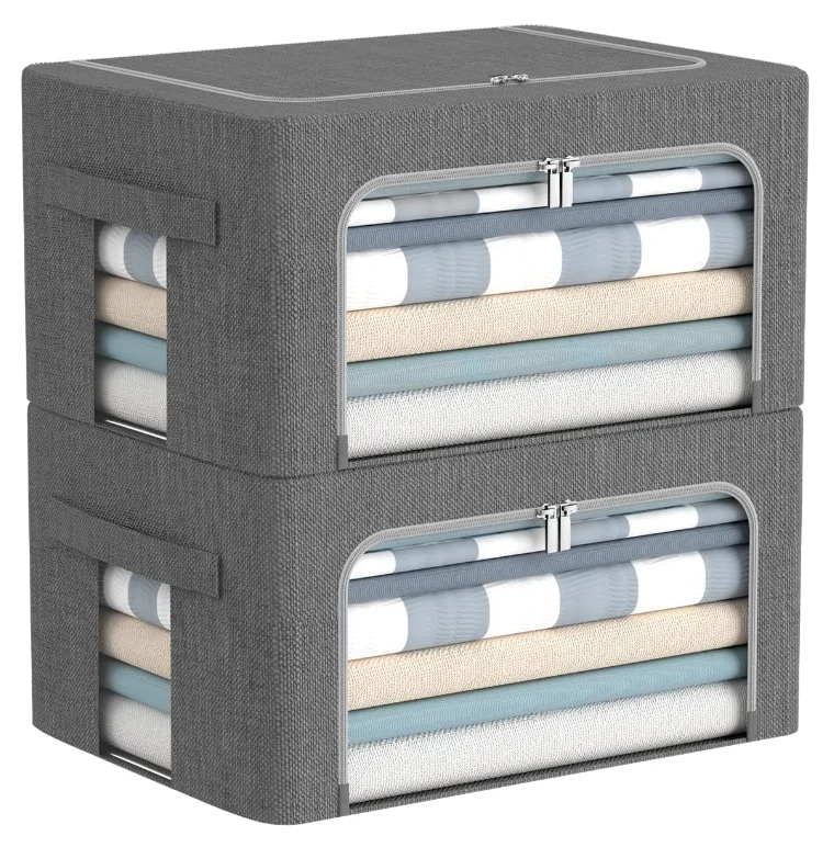 Clothes Storage Bins Box - Foldable Stackable Container Organizer Set with Clear Window & Carry Handles & Metal Frame