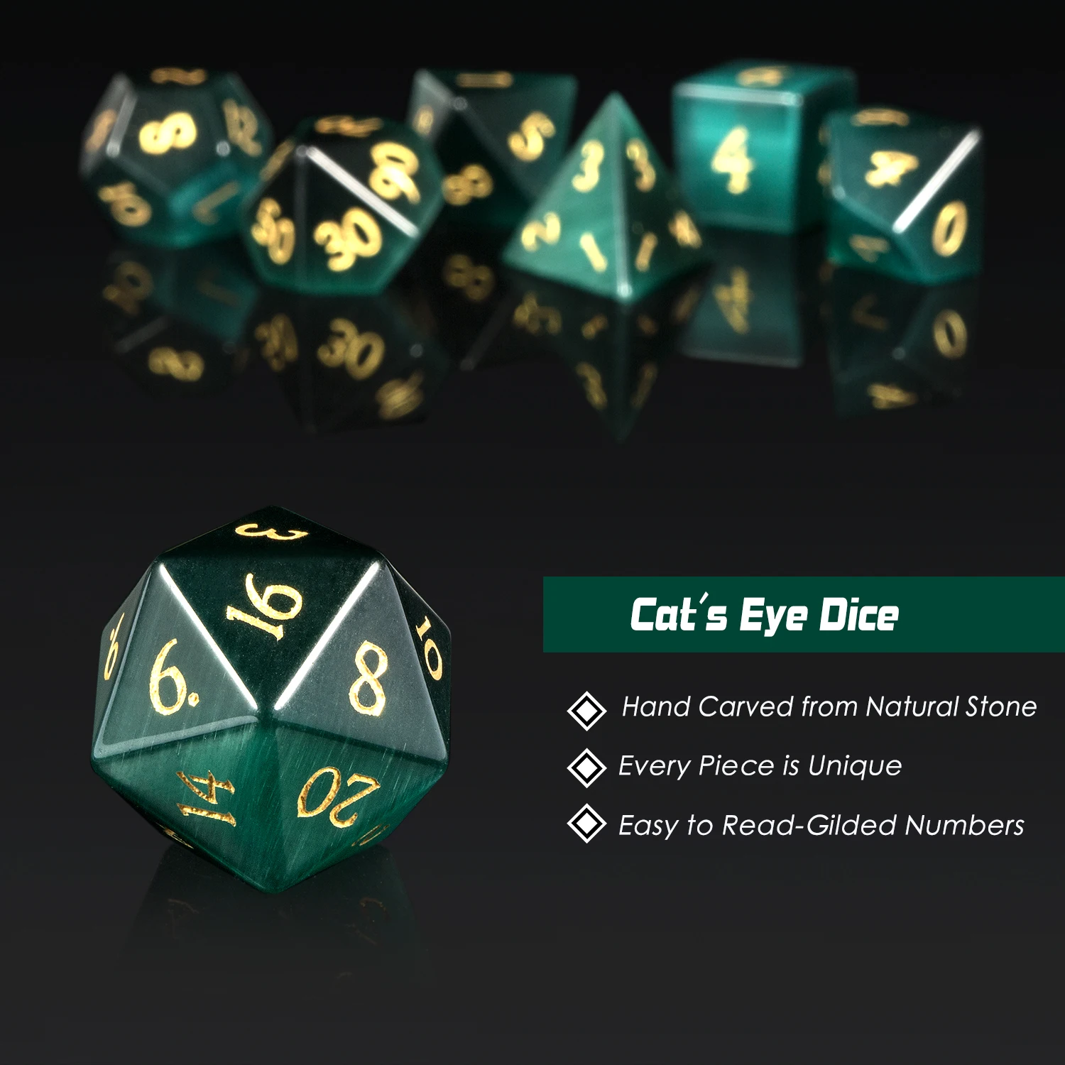 Лидер продаж кости из натурального драгоценного камня d & с гравировкой игральные под драгоценный камень ручной работы набор многогранных костей для настольных игр Зеленый кошачий глаз