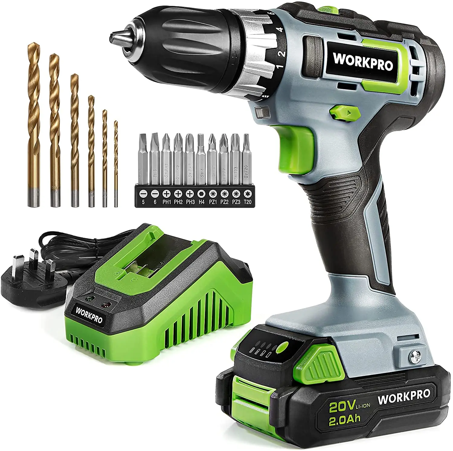 WORKPRO 20V Аккумуляторная дрель-шуруповерт легкий/двойная скорость Аккумуляторная дрель Набор отверток с 16 шт. отвертка аксессуары 2.0Ah с литий-ионным аккумулятором емкостью