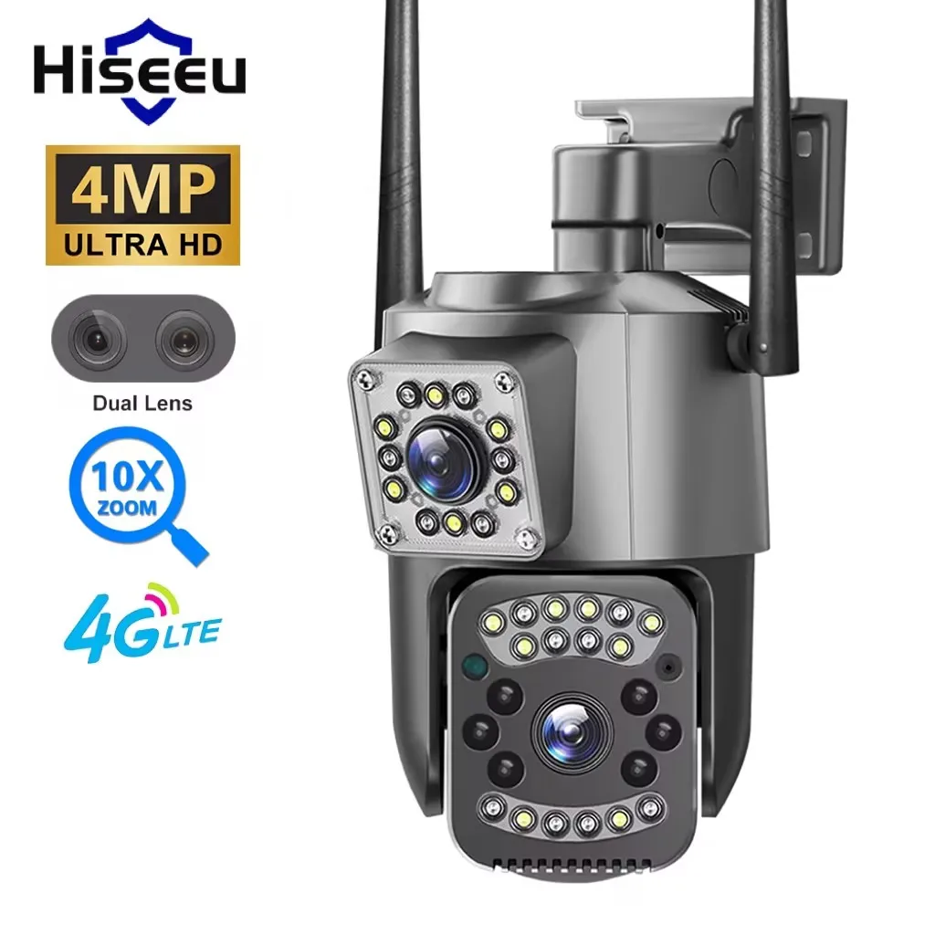 Hiseeu H.265 4MP V380 Automatic tracking night vision wireless Ptz home Cctv security 4G sim card IP camera Outdoor