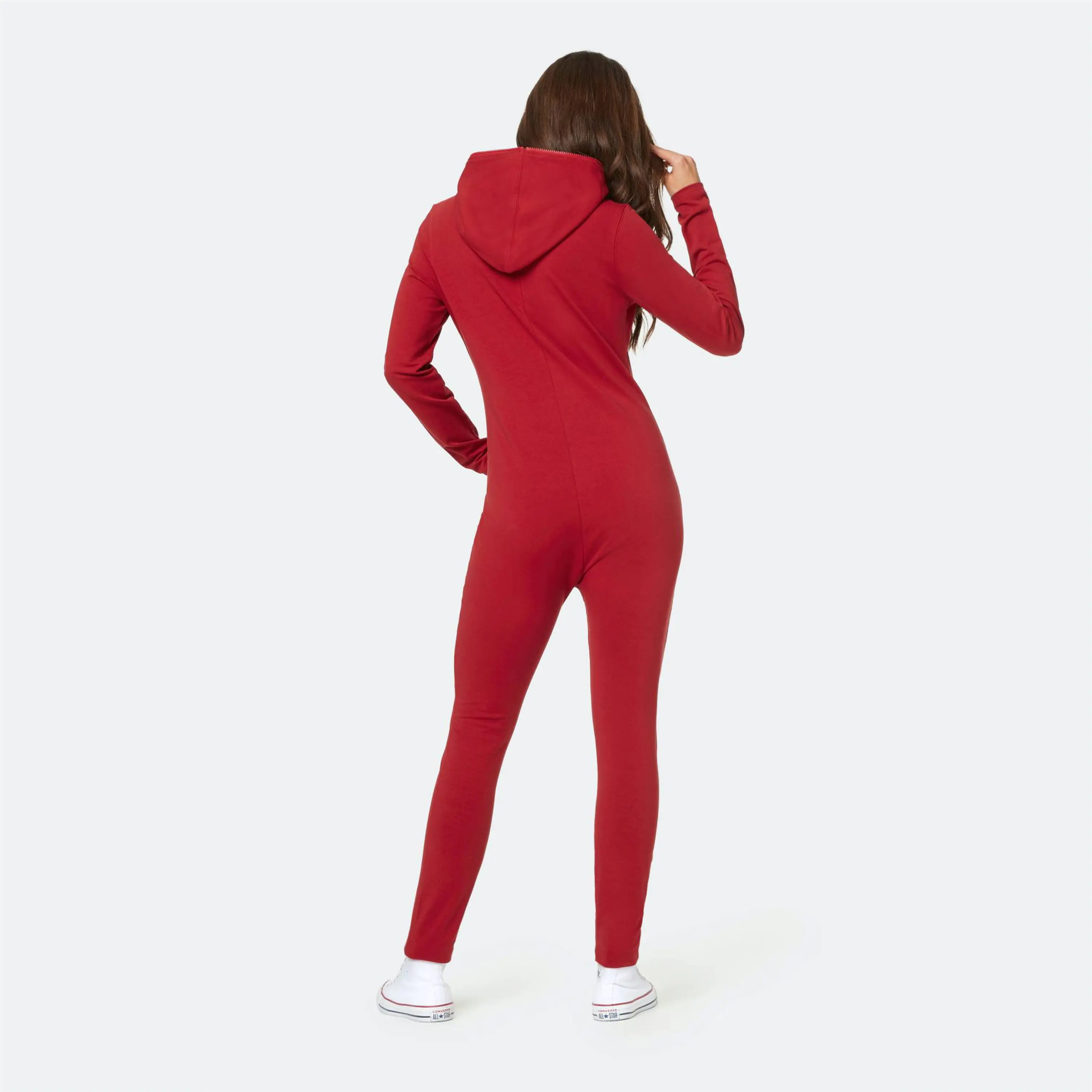 93% Cotton 7% Elastane One Way Zipper Opening Front Kangaroo Pocket Red Women Original Fitted Onesie Slim Jumpsuit
