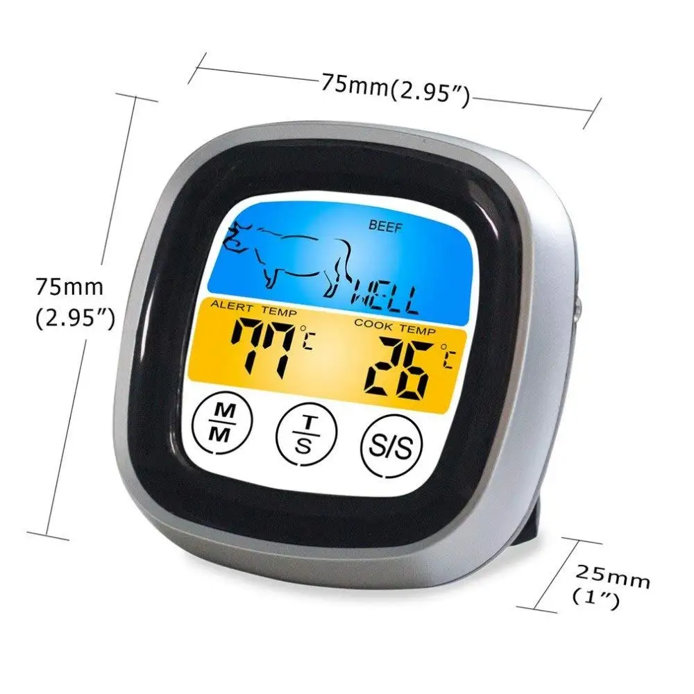 BBQ Digital Grill Meat Roast Thermometer Timer LCD Touch Display 5 Cooking Level Attached with Strong Magnet Backlight