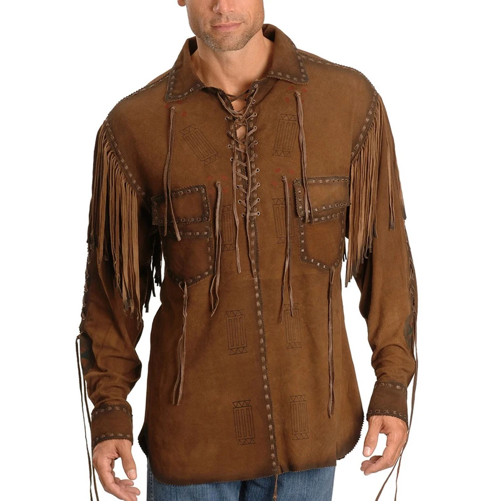Western Style Cowboy Style Fringed & Beaded Hand Made Work Cow Suede Men Leather Shirt / Cowboy Suede Leather Jacket