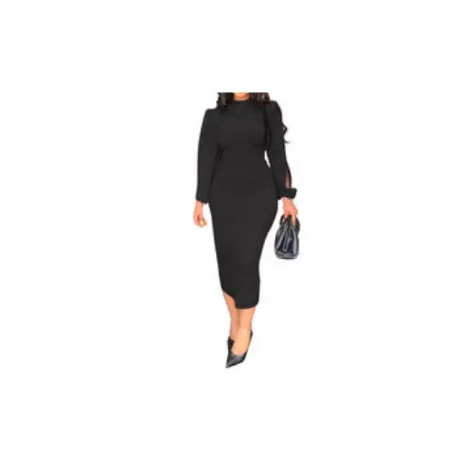 Hot Sales Puff Sleeve Bodycon Midi Dress Solid Color cotton Elegant Office Career Dresses  Women Formal Work Dresses