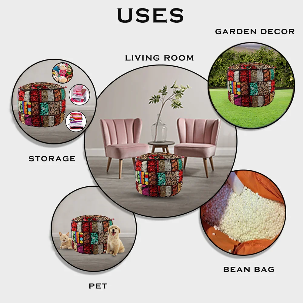 Indian Style Premium Embroidery Pouf Ottoman with Ethnic Decor Art Available for Worldwide Export from India