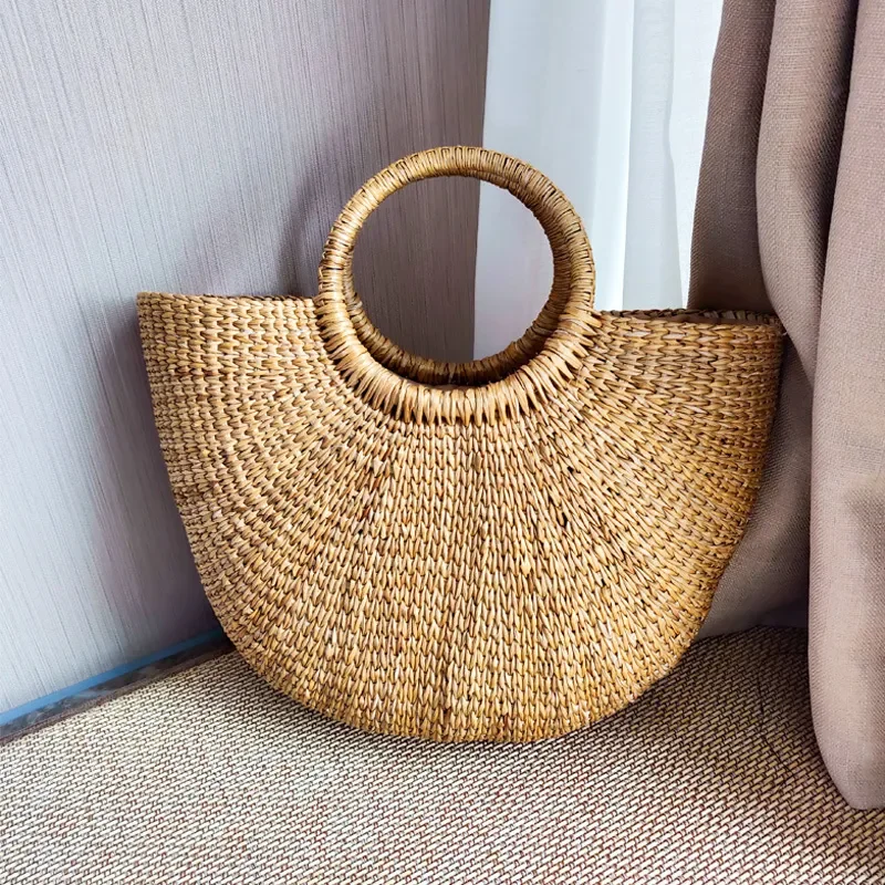 Bali straw bag with pompom hand woven bolsos de paja by string handbags for beach seagrass water hyacinth bags handmade product