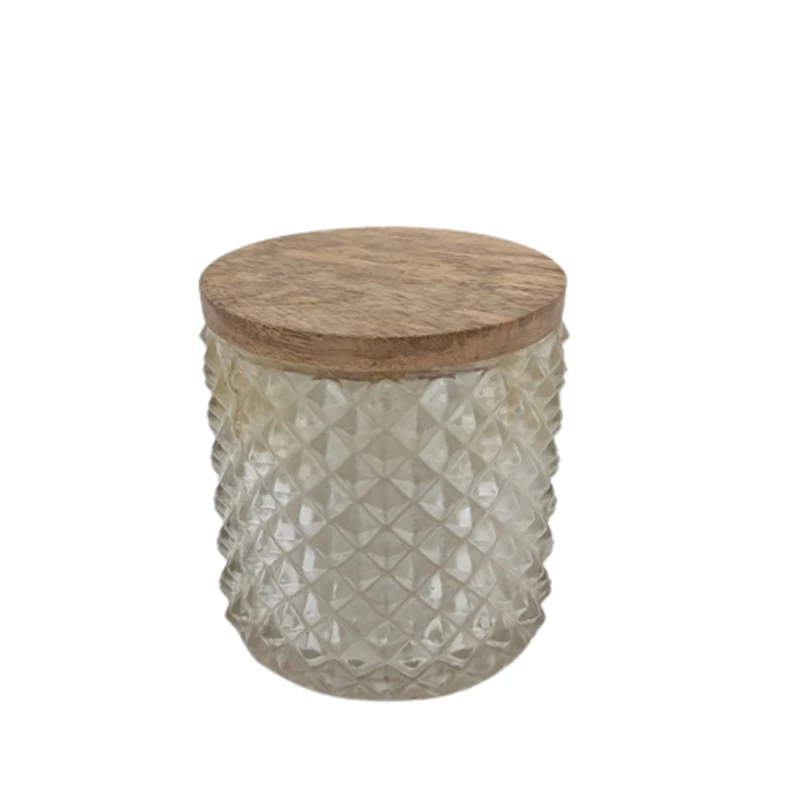 Set Of 3 Clear Glass Round Box With Mango Wood LID Natural Colour Medium Size Storage Jars For Kitchen & Table Top Decoration