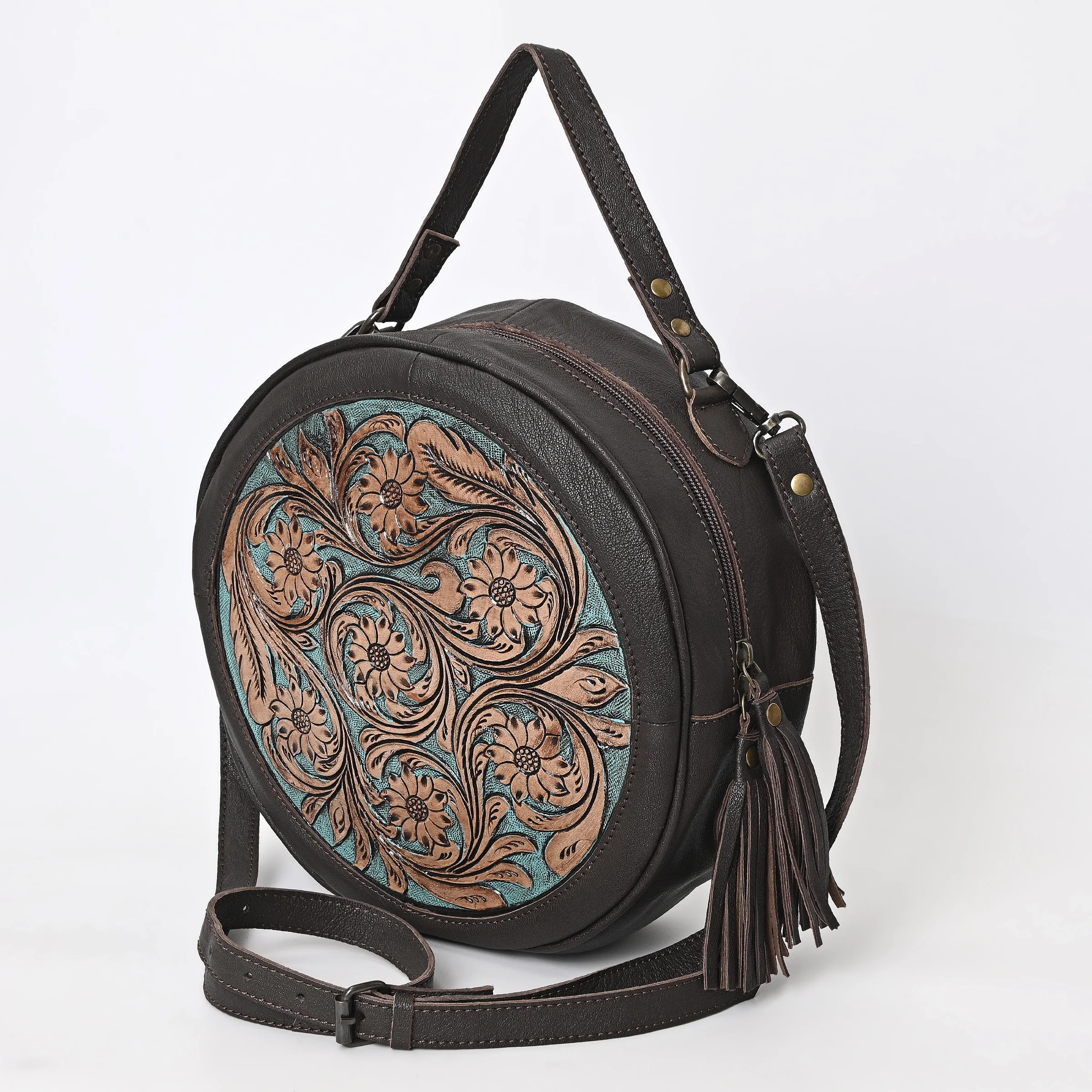 Handmade Vintage Antique Flower Design Leather Tote Bag for Ladies Multiple Pocket Crossbody Shoulder Strap Fashion Style Runner