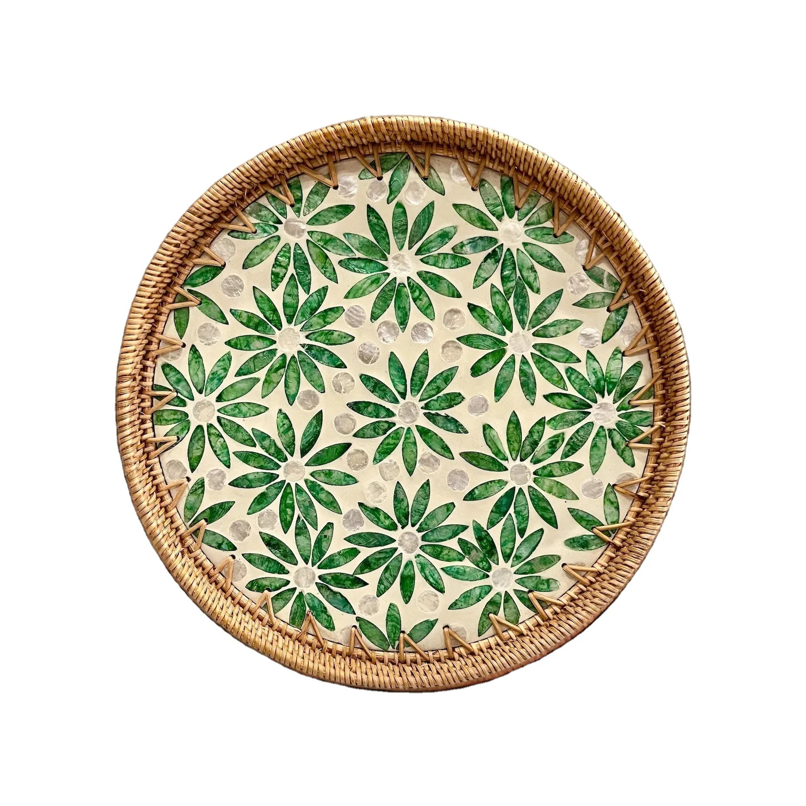 Multi-Function round Rattan Tray with Seashell Design Serving Wicker Basket with Two Handles Storage Made in Vietnam