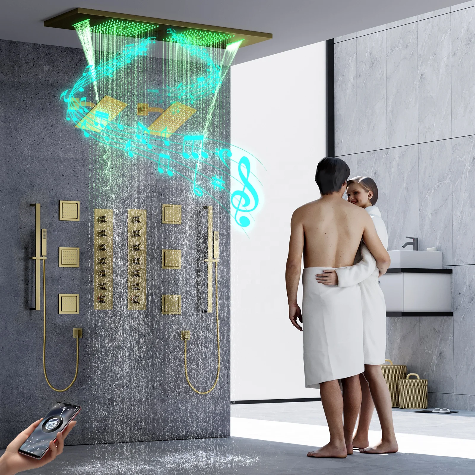 Ceiling LED Music Shower Head SUS304 36*12 Inch Rain Waterfall Misty Wall Mounted Bathroom Luxury Thermostatic Shower Faucet Set