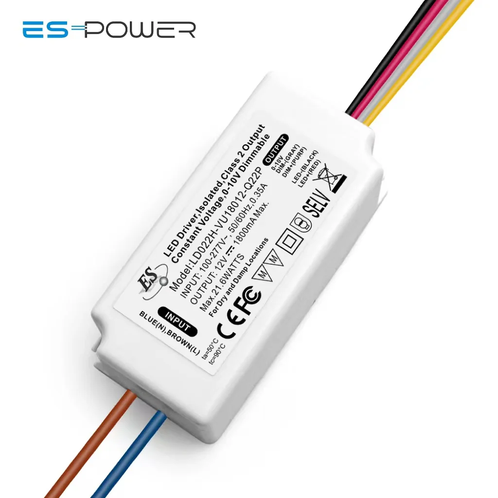 ES UL 12V 100-277Vac 1.8A 22W AC-DC Constant Voltage LED Driver with 0/1-10V Dimming
