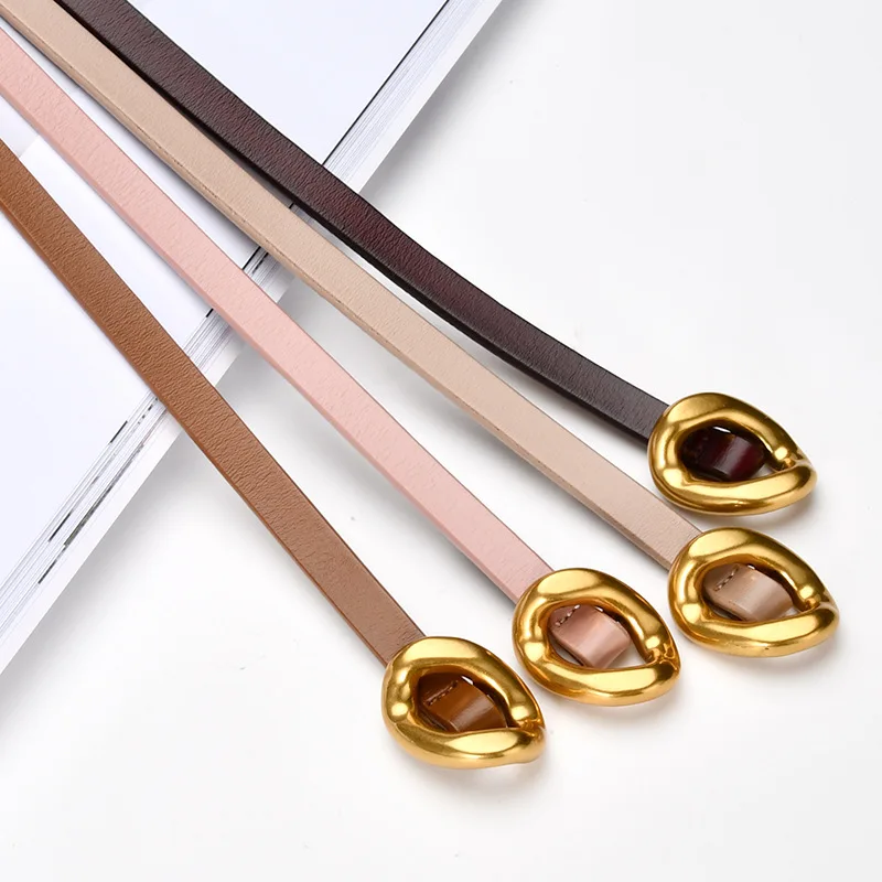 Hot Selling Black Strap Gold Alloy Buckle Girdle Real Genuine Leather Women Thin Belt Tie Lady DressWaistband Belts